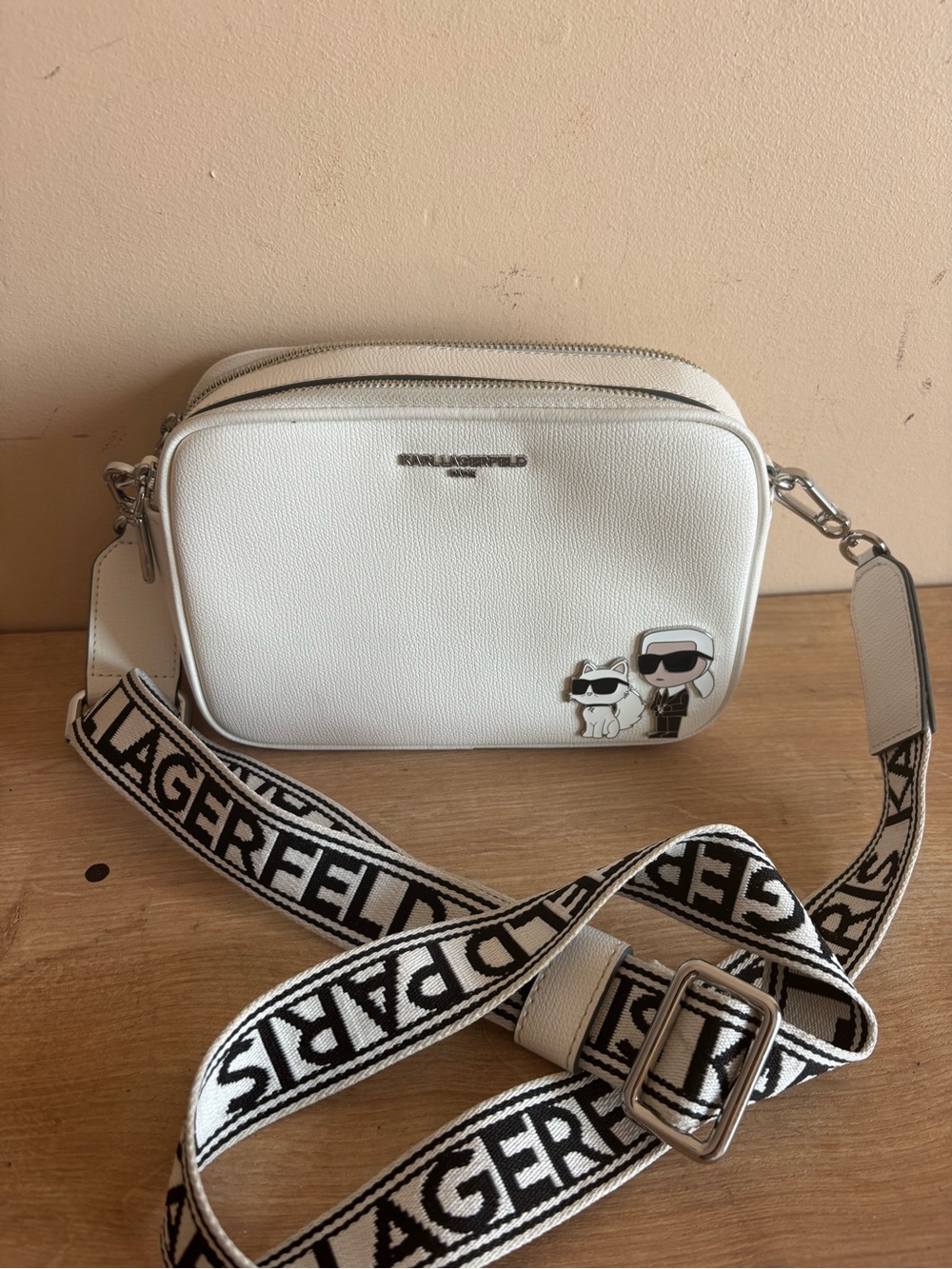 Karl Lagerfeld White Crossbody Bag with Black-White Jacquard Strap
